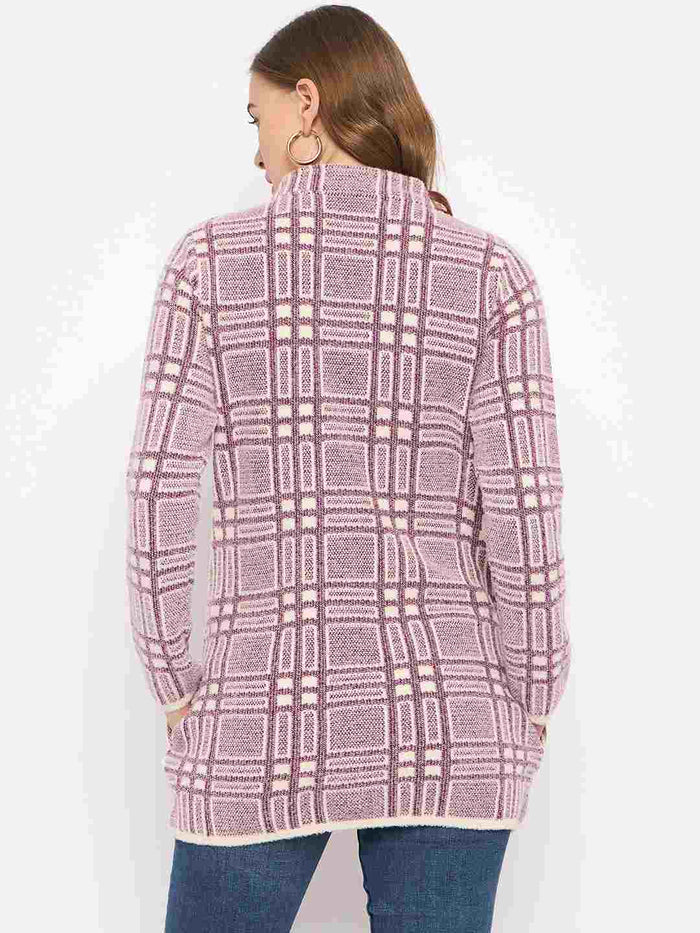 Madame Plaid Pattern Buttoned Wine Red Cardigan