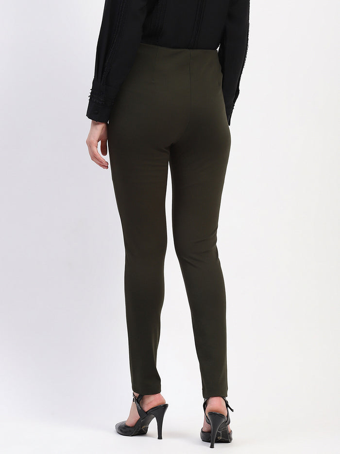 Madame Pleated Solid Olive Straight Trousers