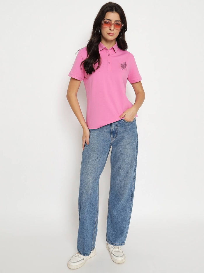 Madame Print Adorned Cotton Blend Pink  Polo T-shirt