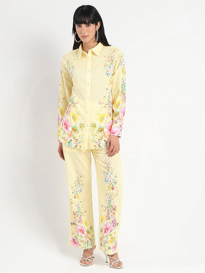 Madame Printed Shirt and Trousers Yellow Cotton Co-ord Set