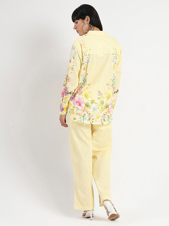 Madame Printed Shirt and Trousers Yellow Cotton Co-ord Set