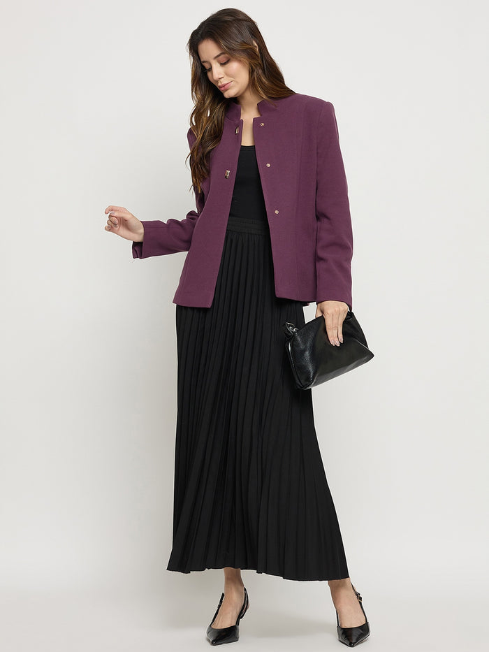 Madame Purple Mock Neck Full Sleeve Short Coat