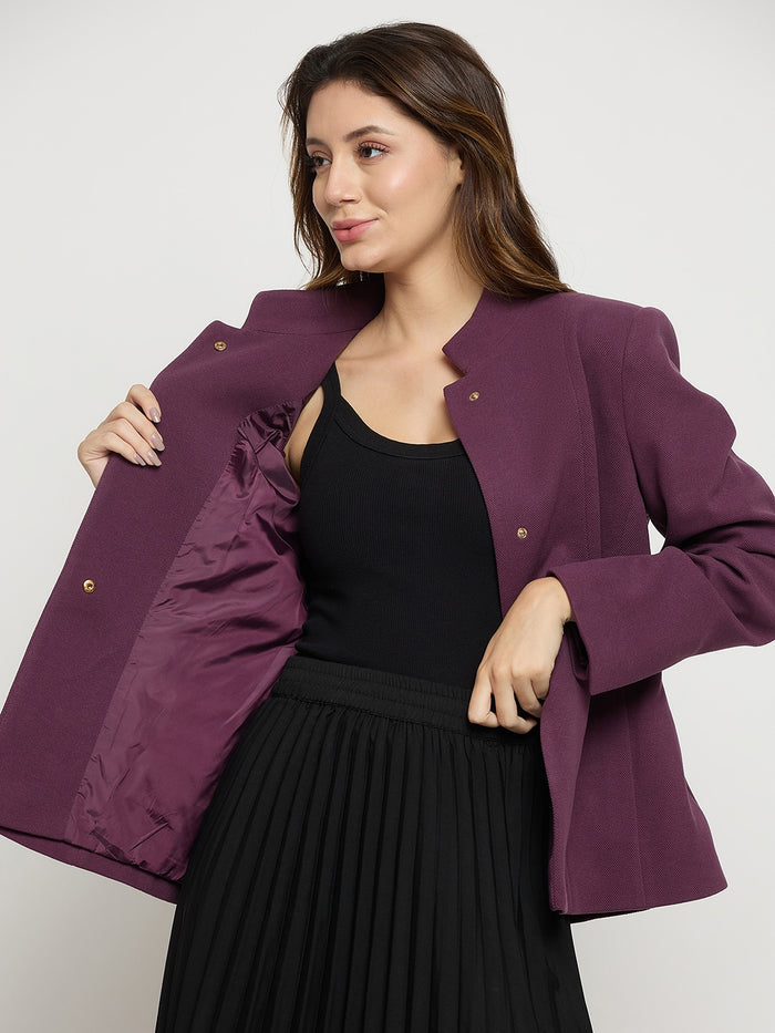 Madame Purple Mock Neck Full Sleeve Short Coat