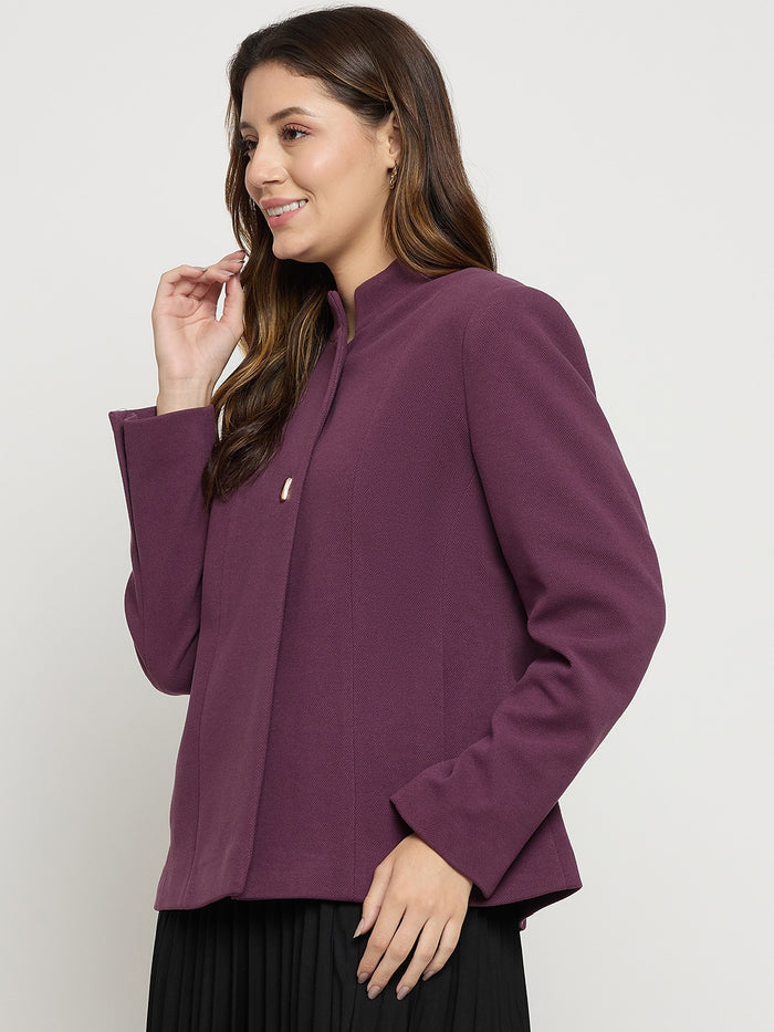 Madame Purple Mock Neck Full Sleeve Short Coat