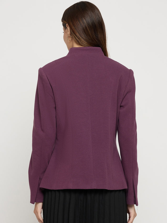 Madame Purple Mock Neck Full Sleeve Short Coat