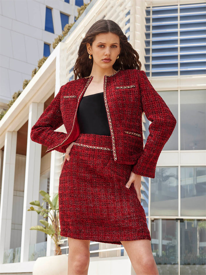 Madame Round Neck Embellished Maroon Tweed Coat