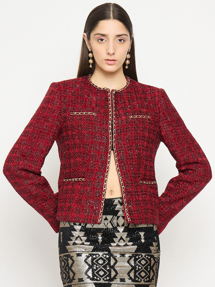 Madame Round Neck Embellished Maroon Tweed Coat