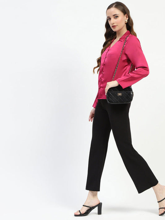 Madame Satin Bell Sleeve Collared Solid Fuschia Top