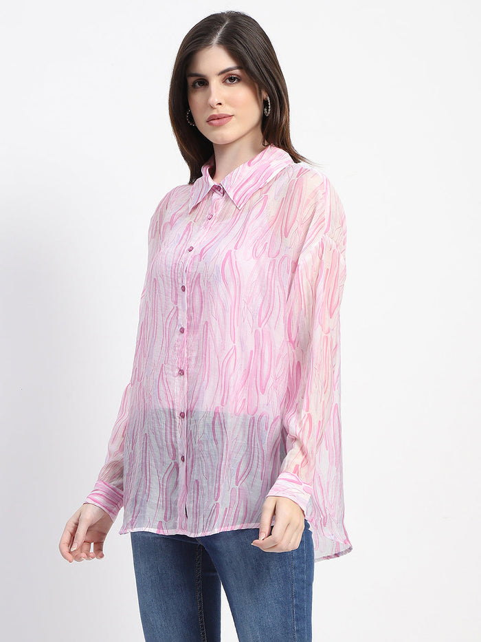 Madame Semi Sheer Abstract Print Baby Pink Shirt