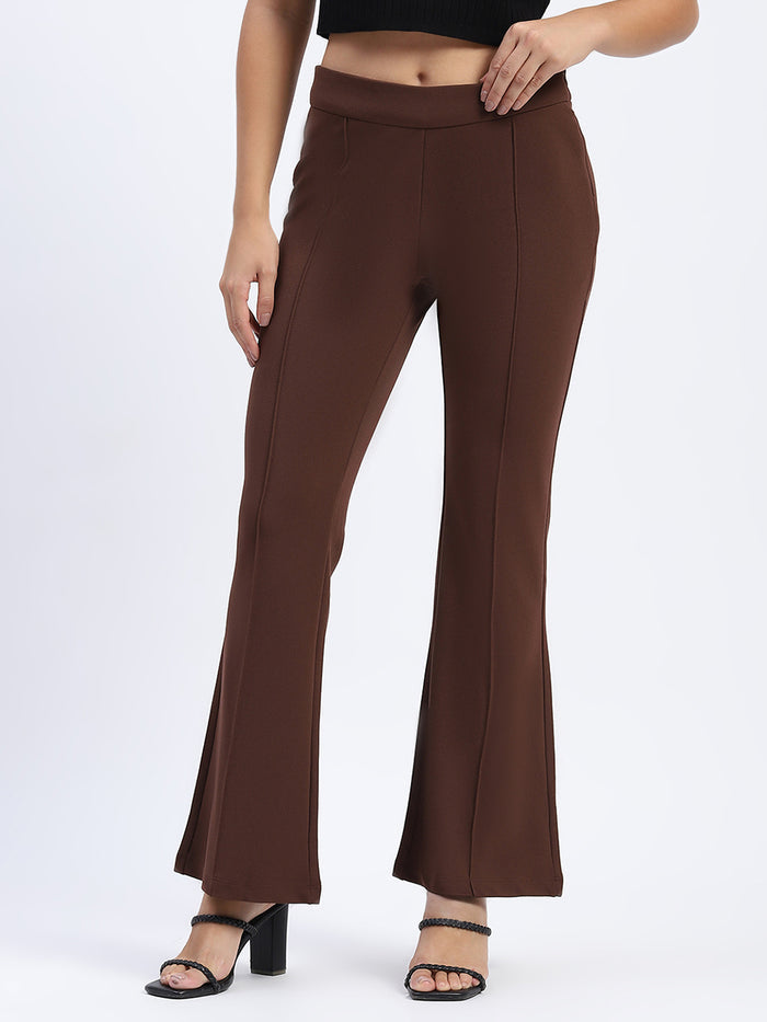 Madame Single Pleated Brown Flared Trousers