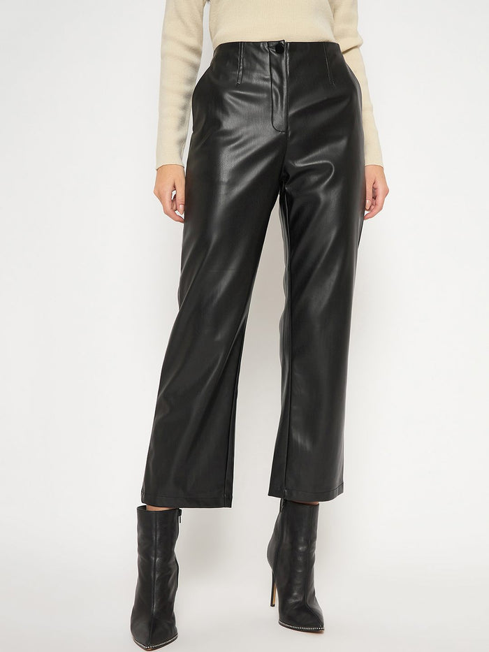 Madame Straight Fit Solid Black Faux Leather Trouser