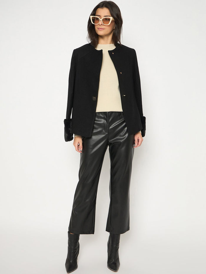 Madame Straight Fit Solid Black Faux Leather Trouser