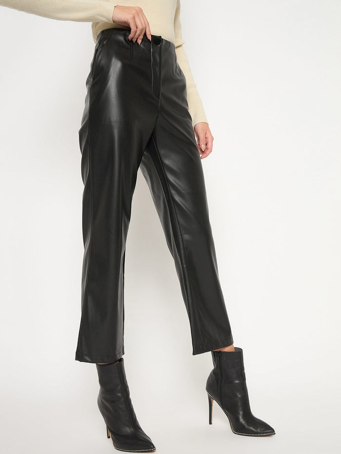 Madame Straight Fit Solid Black Faux Leather Trouser