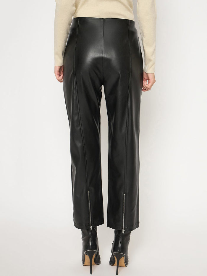 Madame Straight Fit Solid Black Faux Leather Trouser