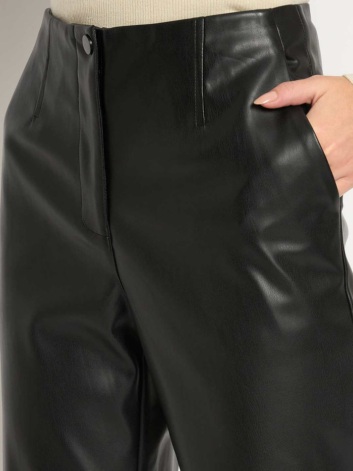 Madame Straight Fit Solid Black Faux Leather Trouser