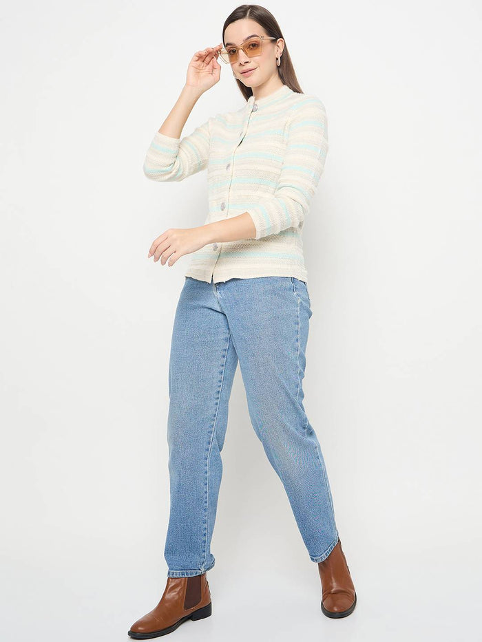 Madame Striped Button Up Off White Cardigan