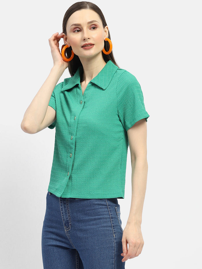 Madame Textured Green Half Sleeve Shirt