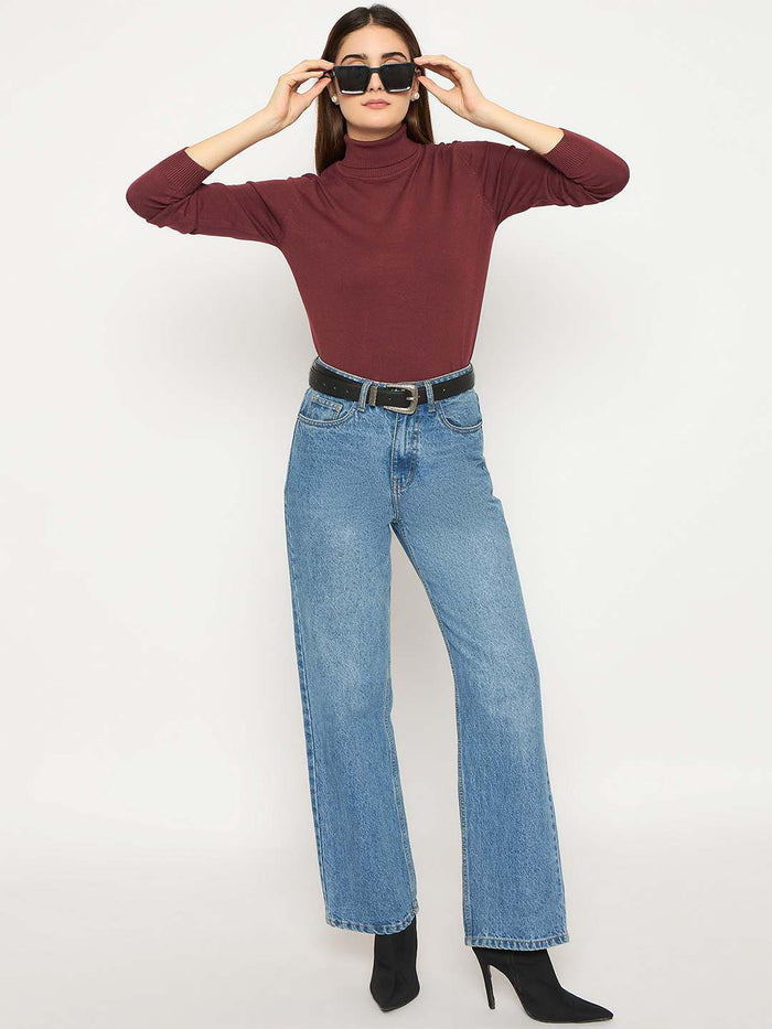 Madame Turtle Neck Ribbed Cuff Wine Red Sweater