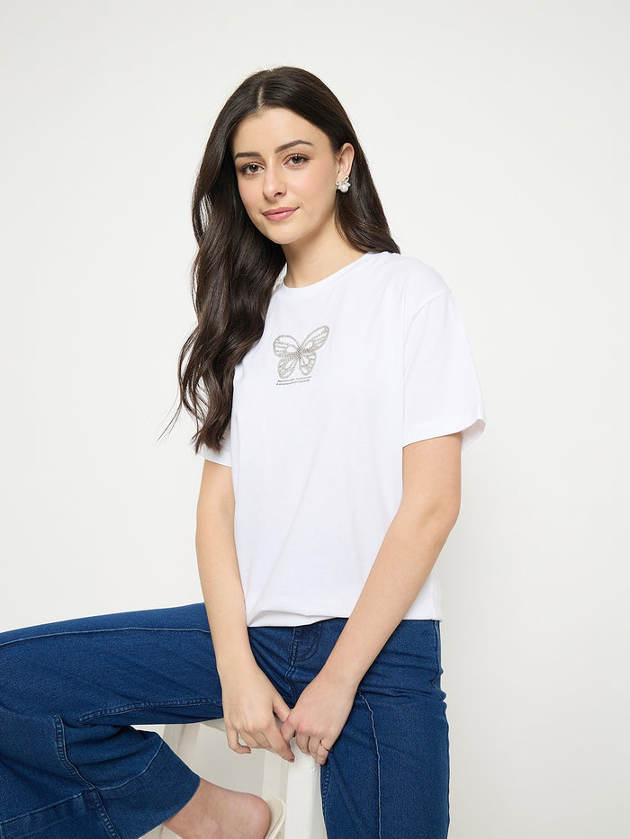Madame White Cotton Graphic Print T-Shirt