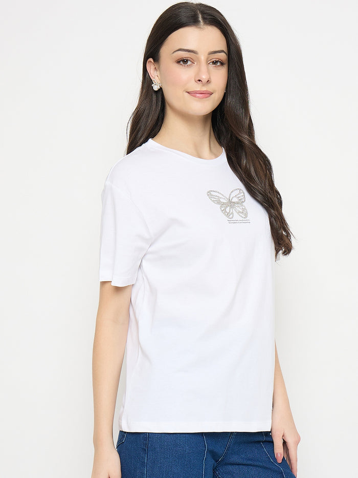Madame White Cotton Graphic Print T-Shirt
