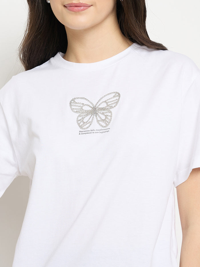 Madame White Cotton Graphic Print T-Shirt