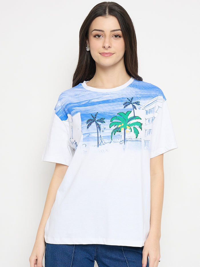 Madame White Cotton Printed T-Shirt