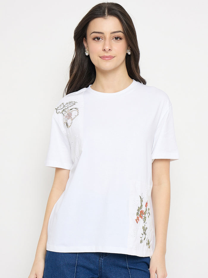 Madame White Cotton Printed T-Shirt