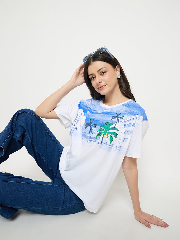 Madame White Cotton Printed T-Shirt