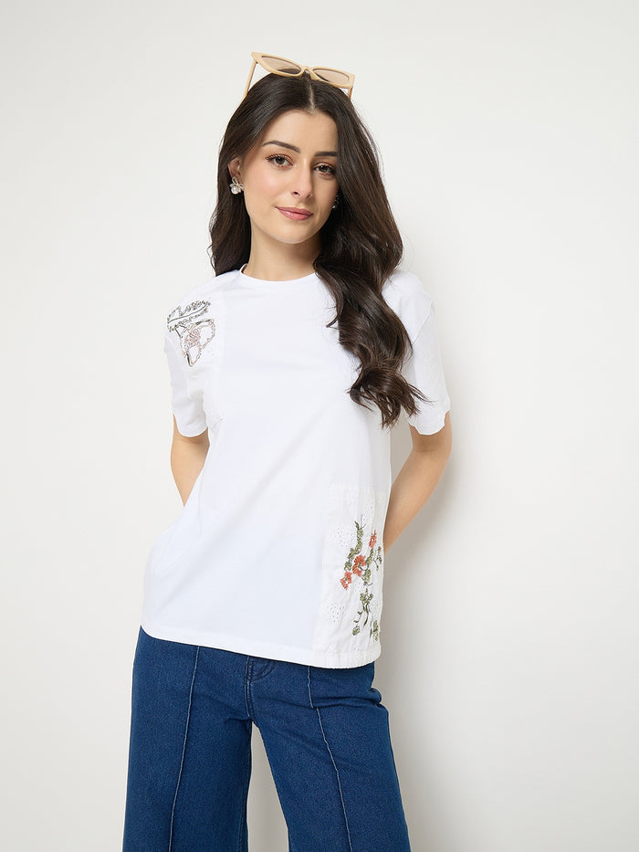 Madame White Cotton Printed T-Shirt