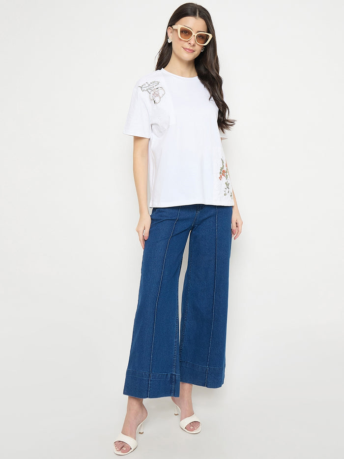 Madame White Cotton Printed T-Shirt