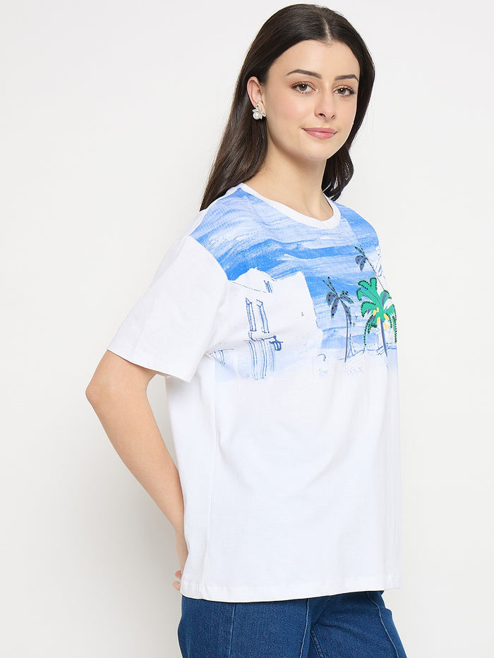 Madame White Cotton Printed T-Shirt