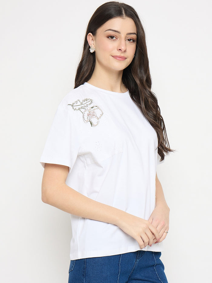 Madame White Cotton Printed T-Shirt