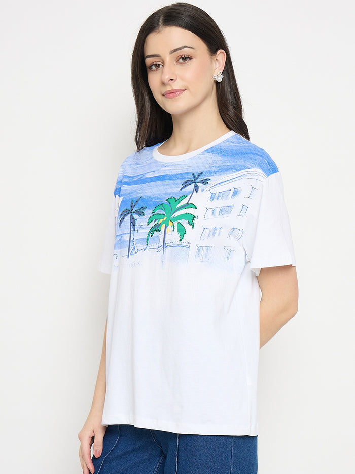 Madame White Cotton Printed T-Shirt