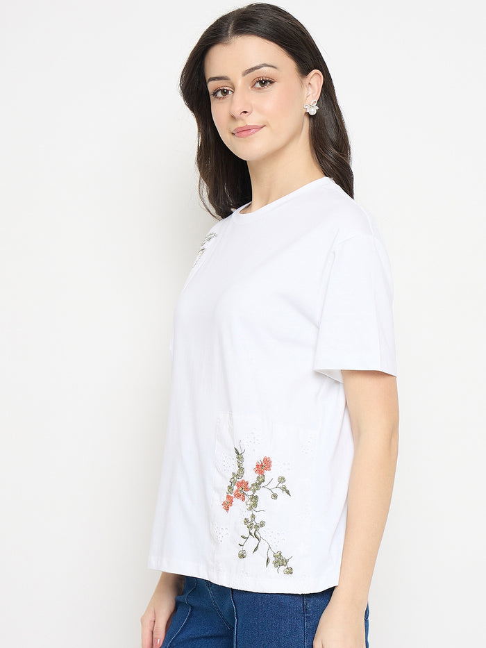 Madame White Cotton Printed T-Shirt