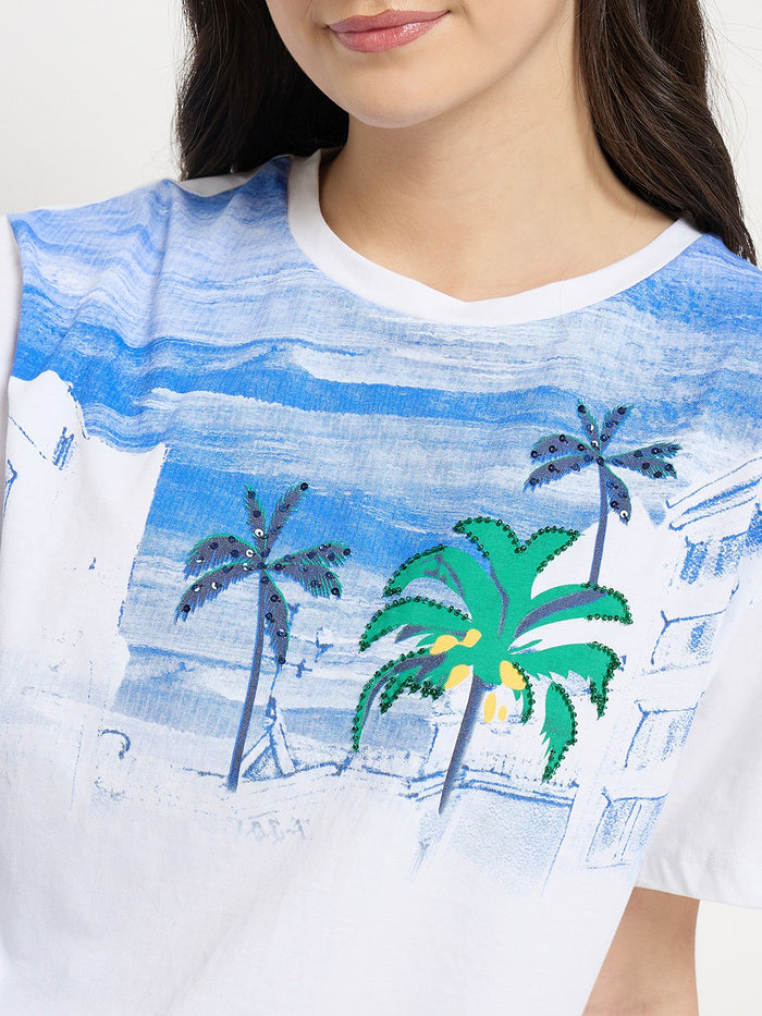 Madame White Cotton Printed T-Shirt
