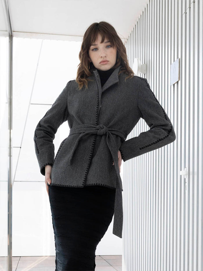 Madame Wrap Style Belted Grey Coat