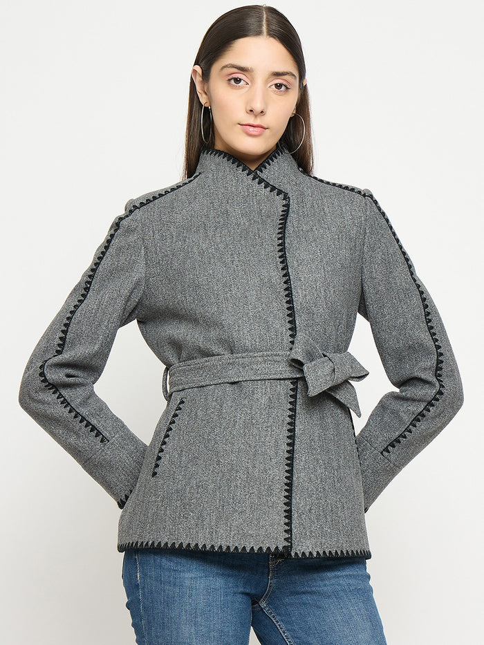 Madame Wrap Style Belted Grey Coat