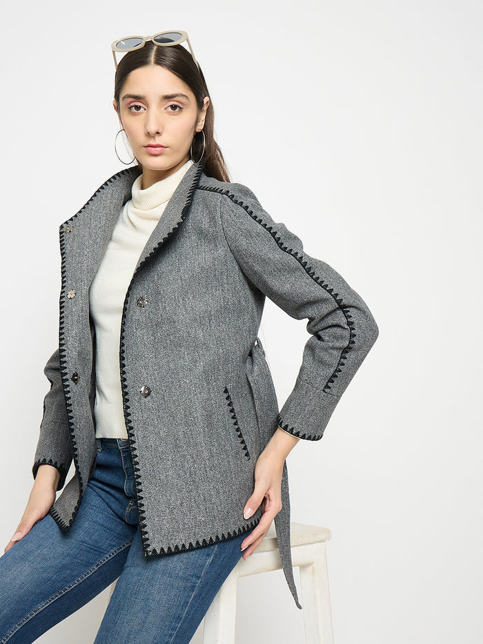 Madame Wrap Style Belted Grey Coat