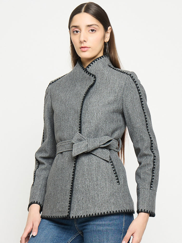 Madame Wrap Style Belted Grey Coat