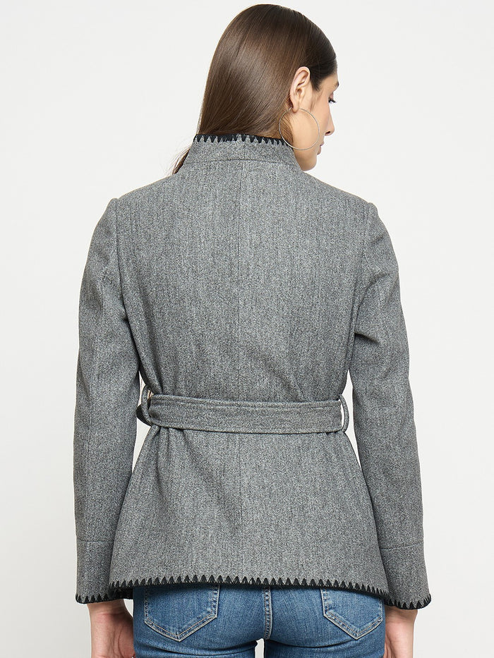Madame Wrap Style Belted Grey Coat