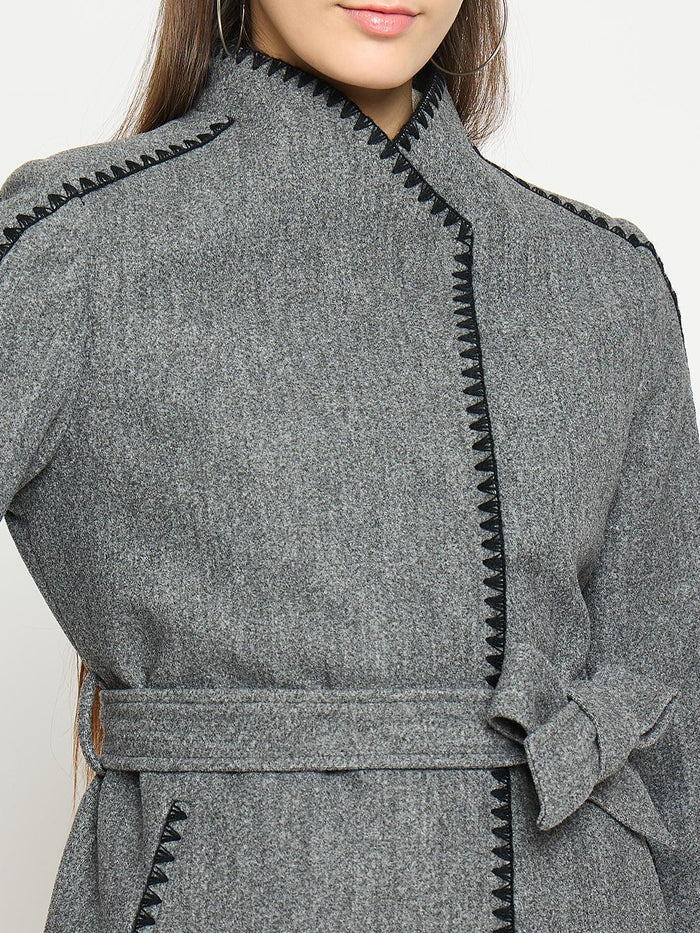 Madame Wrap Style Belted Grey Coat
