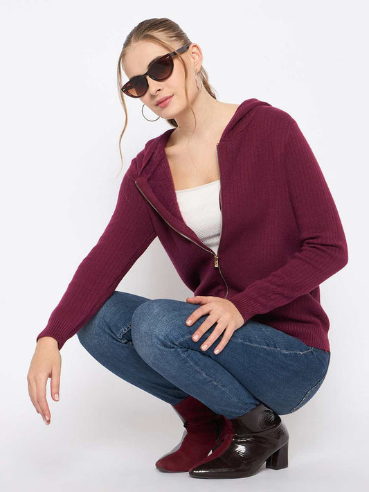 Madame Zip Solid Wine Red Hooded Sweater
