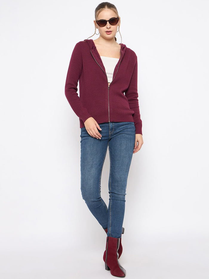 Madame Zip Solid Wine Red Hooded Sweater