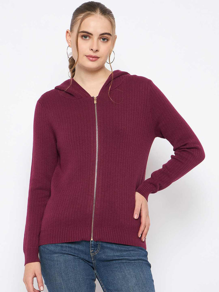 Madame Zip Solid Wine Red Hooded Sweater