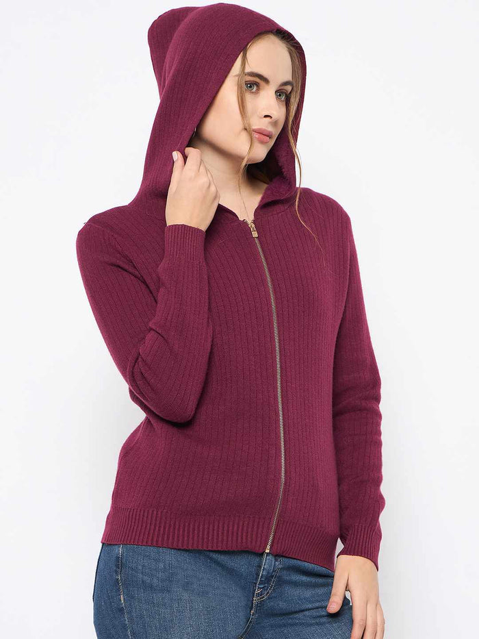 Madame Zip Solid Wine Red Hooded Sweater