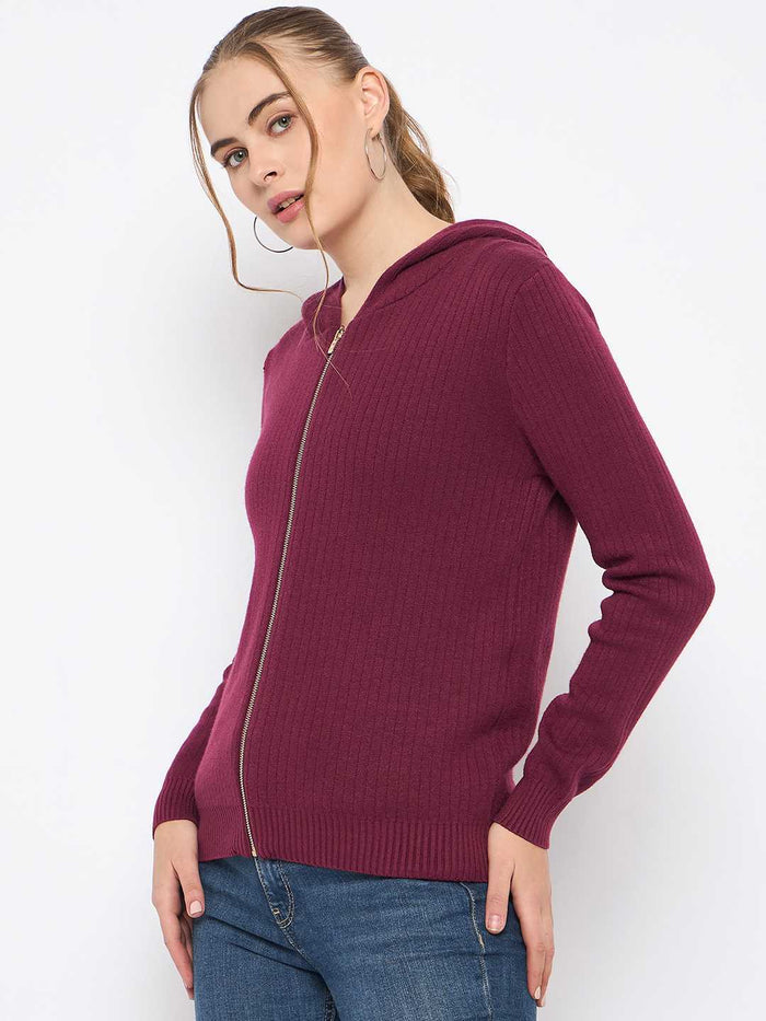 Madame Zip Solid Wine Red Hooded Sweater