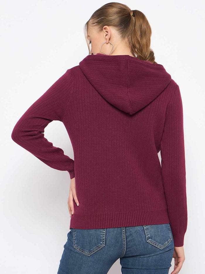 Madame Zip Solid Wine Red Hooded Sweater