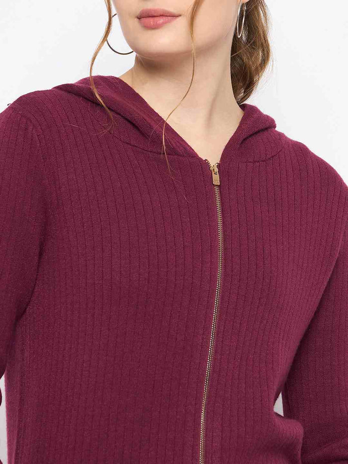 Madame Zip Solid Wine Red Hooded Sweater
