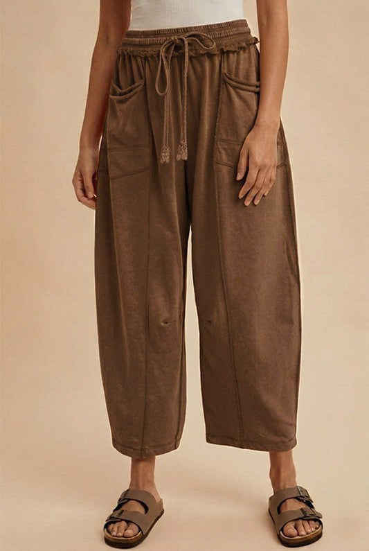 MADDIE MINERAL WASH BARREL PANTS, CHOCOLATE