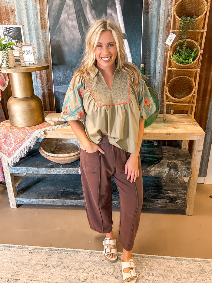 MADDIE MINERAL WASH BARREL PANTS, CHOCOLATE